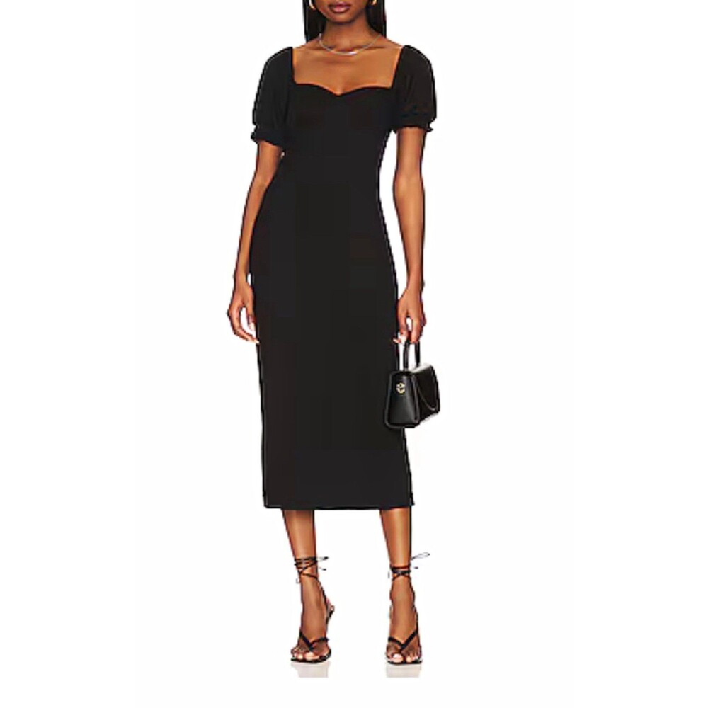 Free People Bel Air Midi Dress Black Ribbed Knit Milkmaid Puff Sleeve Size S